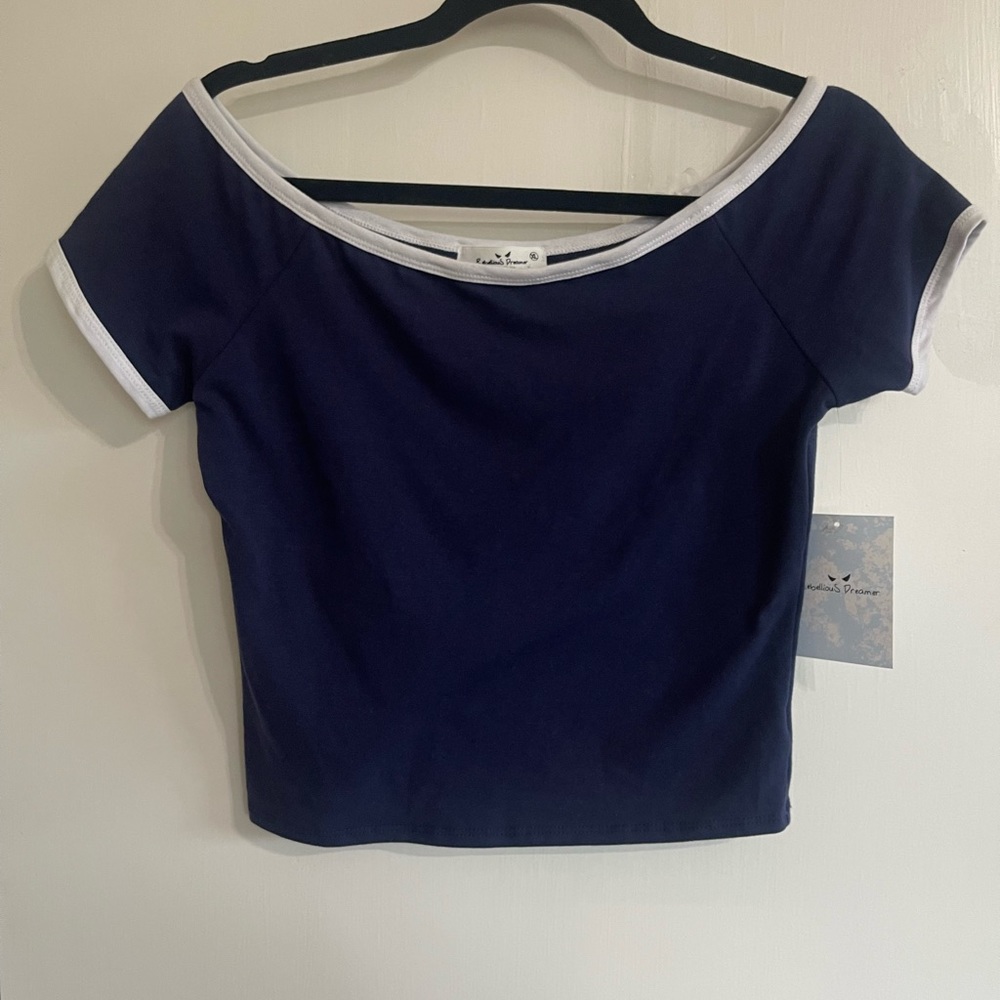 Rebellious Dreamer Women’s Size XL Navy & White Short Sleeve Cropped Shirt